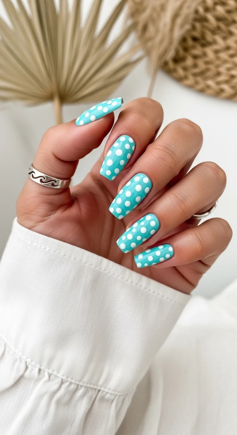 Long coffin nails in bright turquoise with white polka dots.