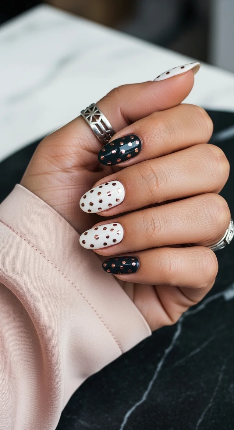 Oval nails with black and white bases and metallic rose gold dots.