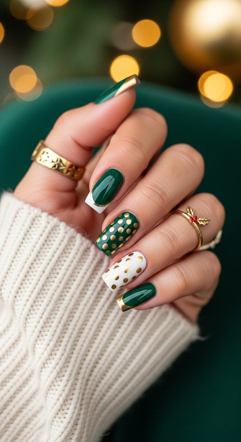 Long square nails with forest green and white base and gold metallic dots.