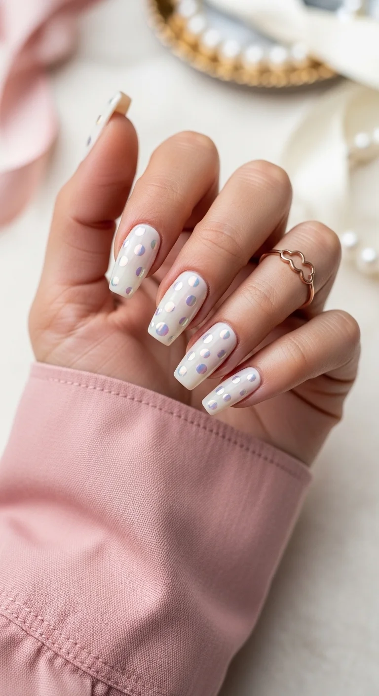 Long square nails with a milky white base and holographic polka dots.