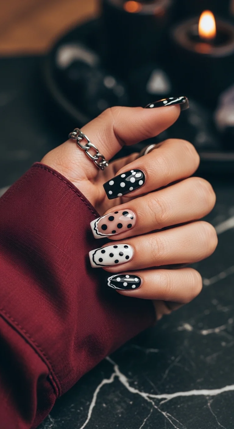 Long square nails with black and white designs, wavy borders, and black dots.