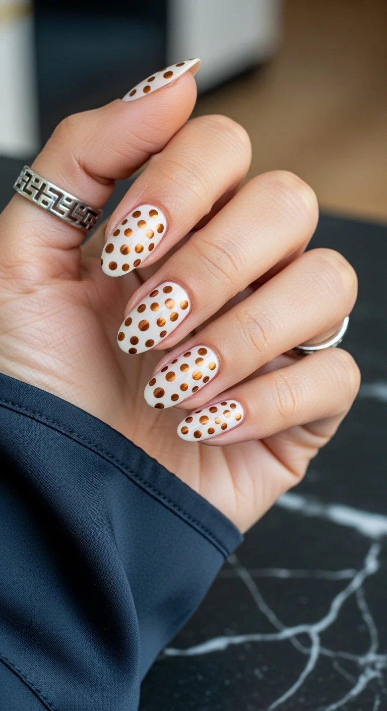Oval nails with a white base and metallic copper polka dots.