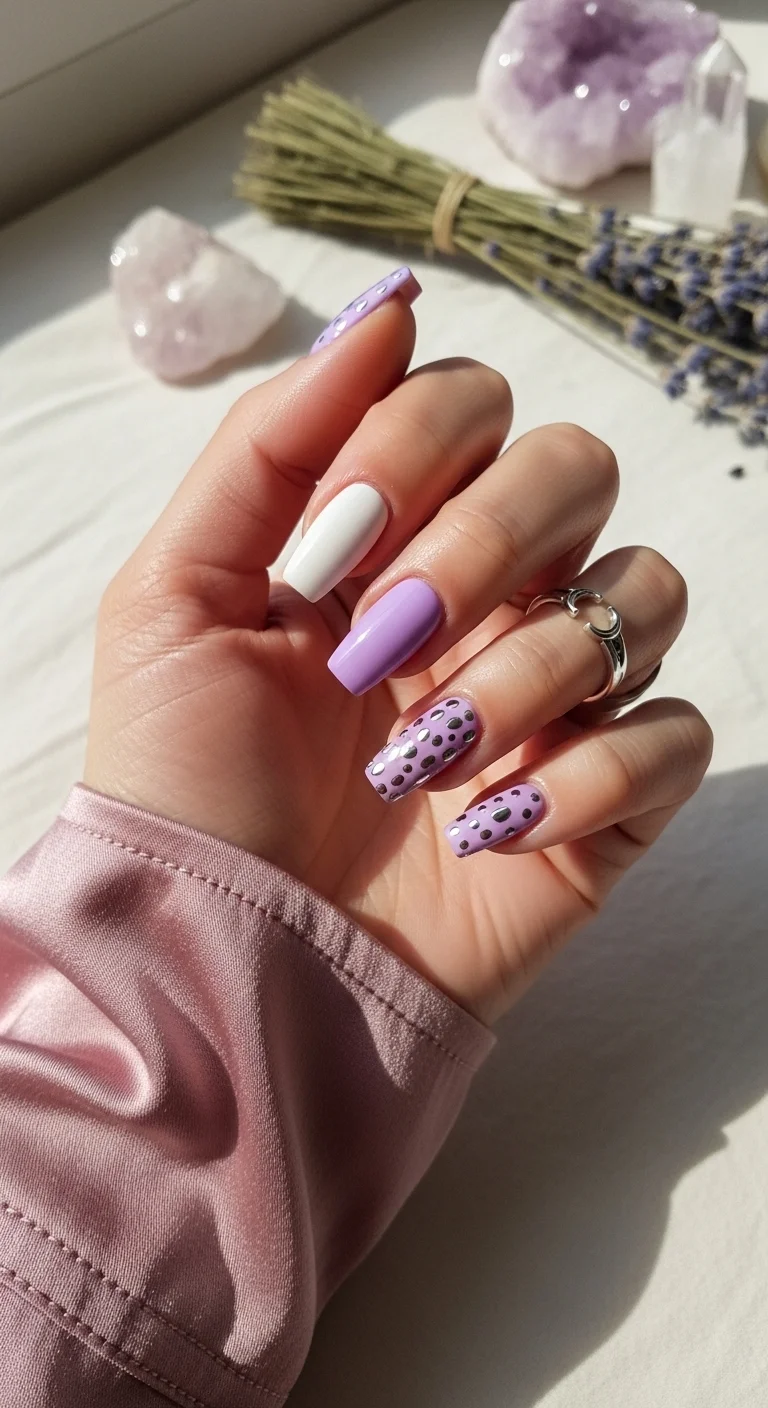 Long square nails in lavender and white with dark metallic dots.