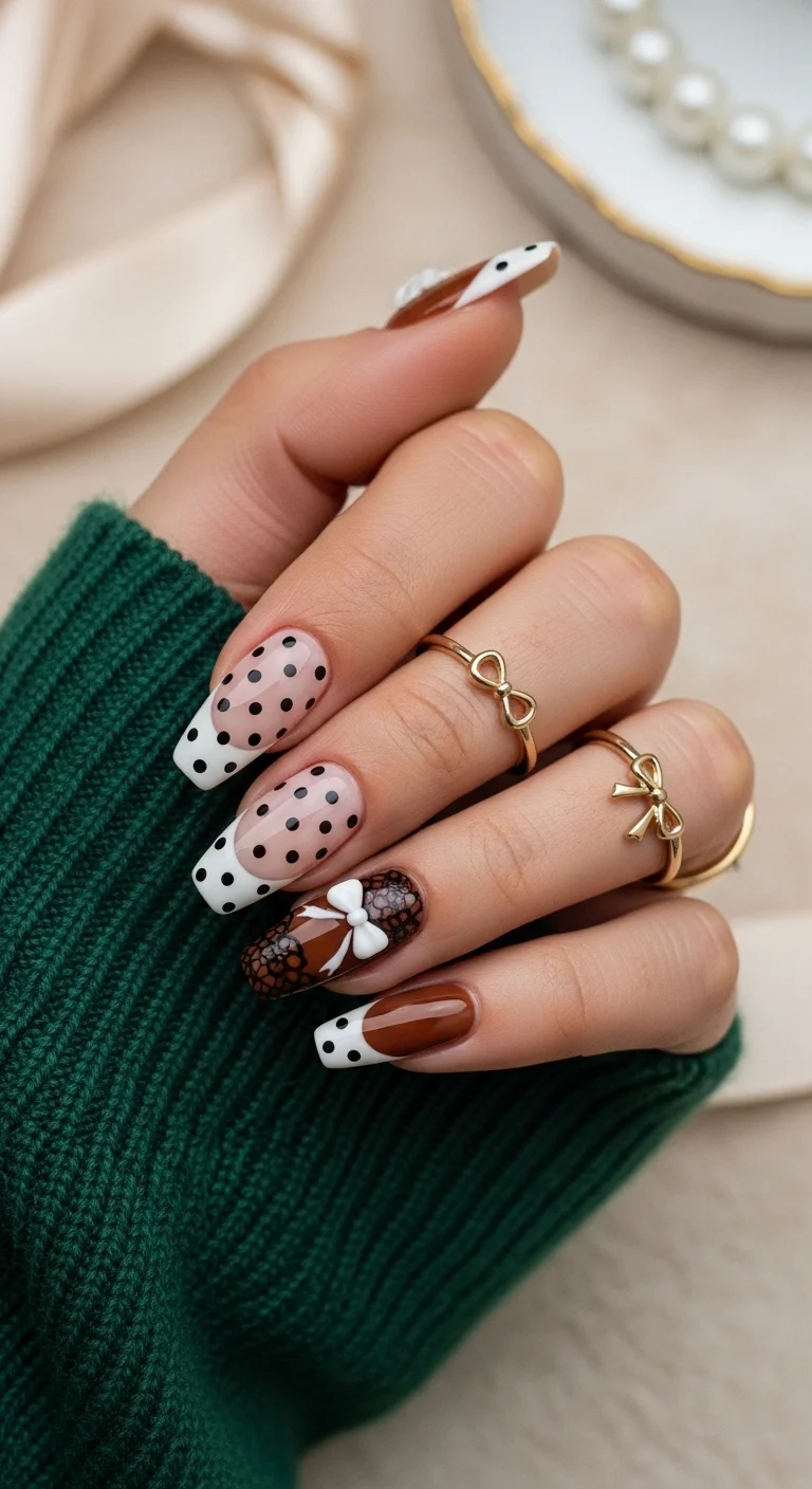 Long square nails with brown and white designs, 3D bows, and lace details.