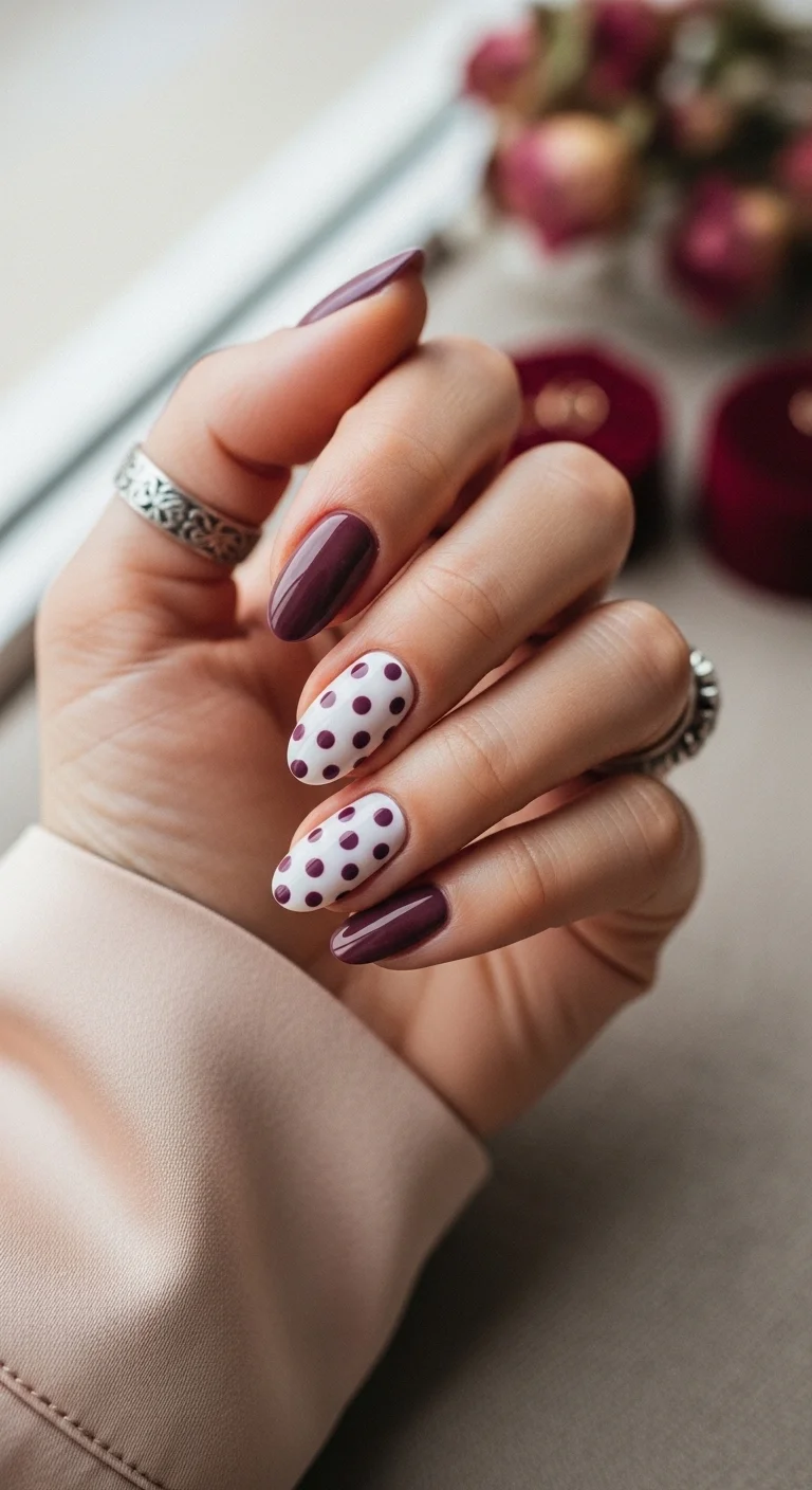 Oval nails in dusty mauve with deep purple polka dots.
