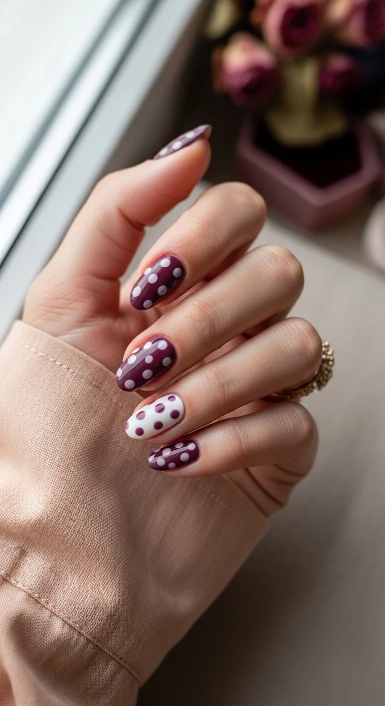 Oval nails with deep purple and white base colors featuring contrasting polka dots.