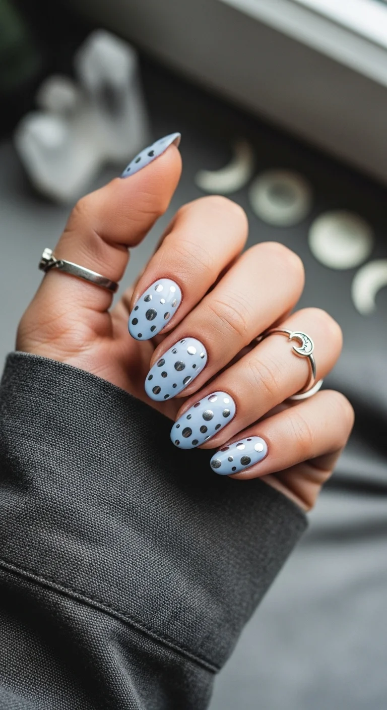 Oval nails in light blue with silver holographic dots of varying sizes.