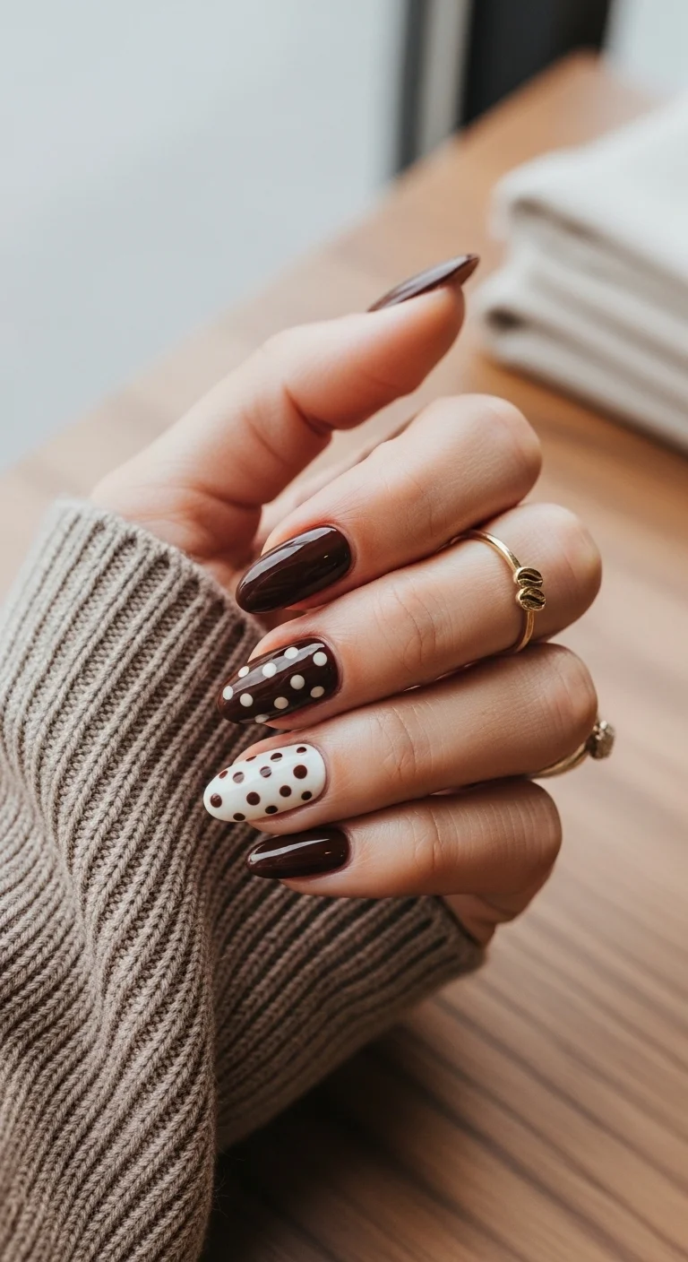 Oval nails in coffee brown and white with brown polka dots.