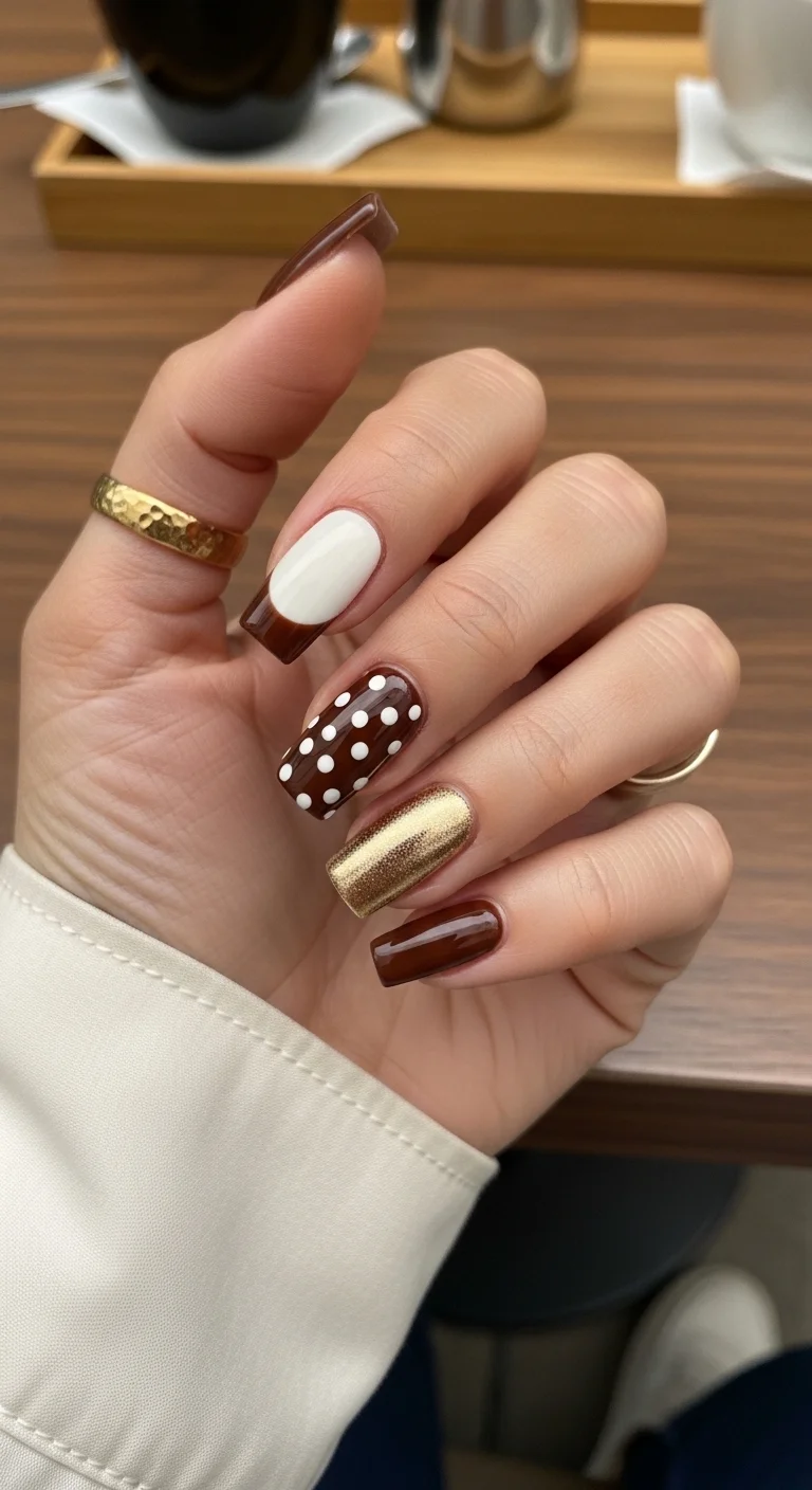 Long square nails with brown and white designs, gold chrome accents, and white dots.