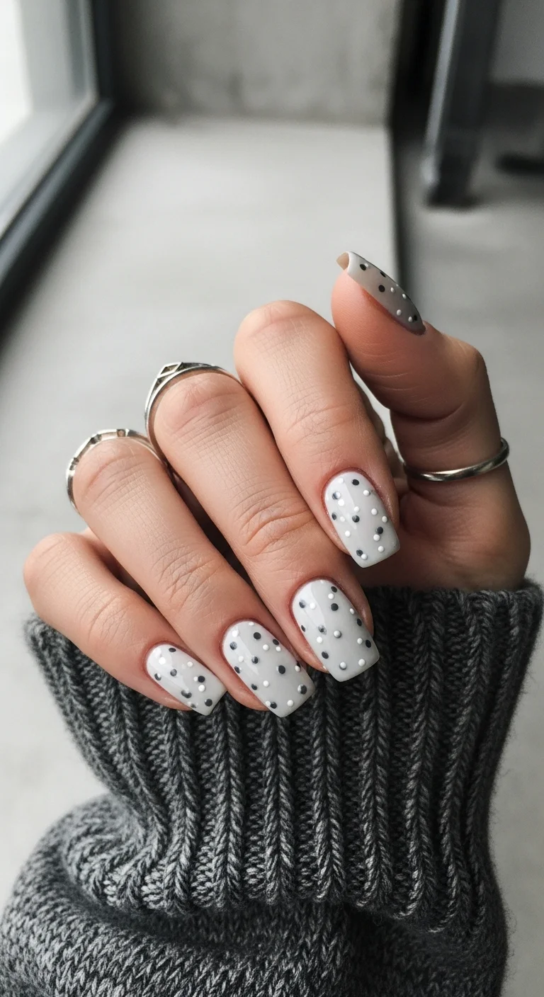 Short square nails in light grey with black and white polka dots.