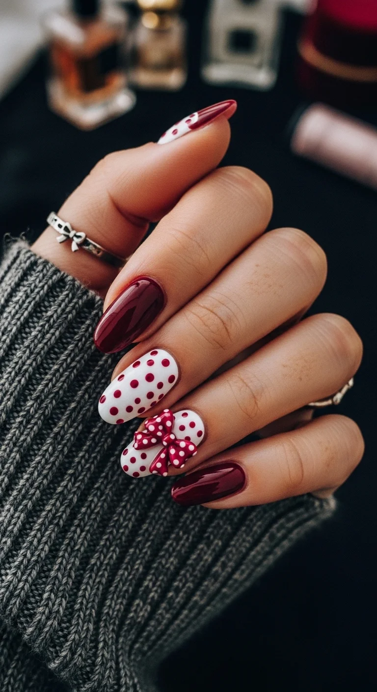Almond nails in deep red and white with a 3D red bow and red dots.