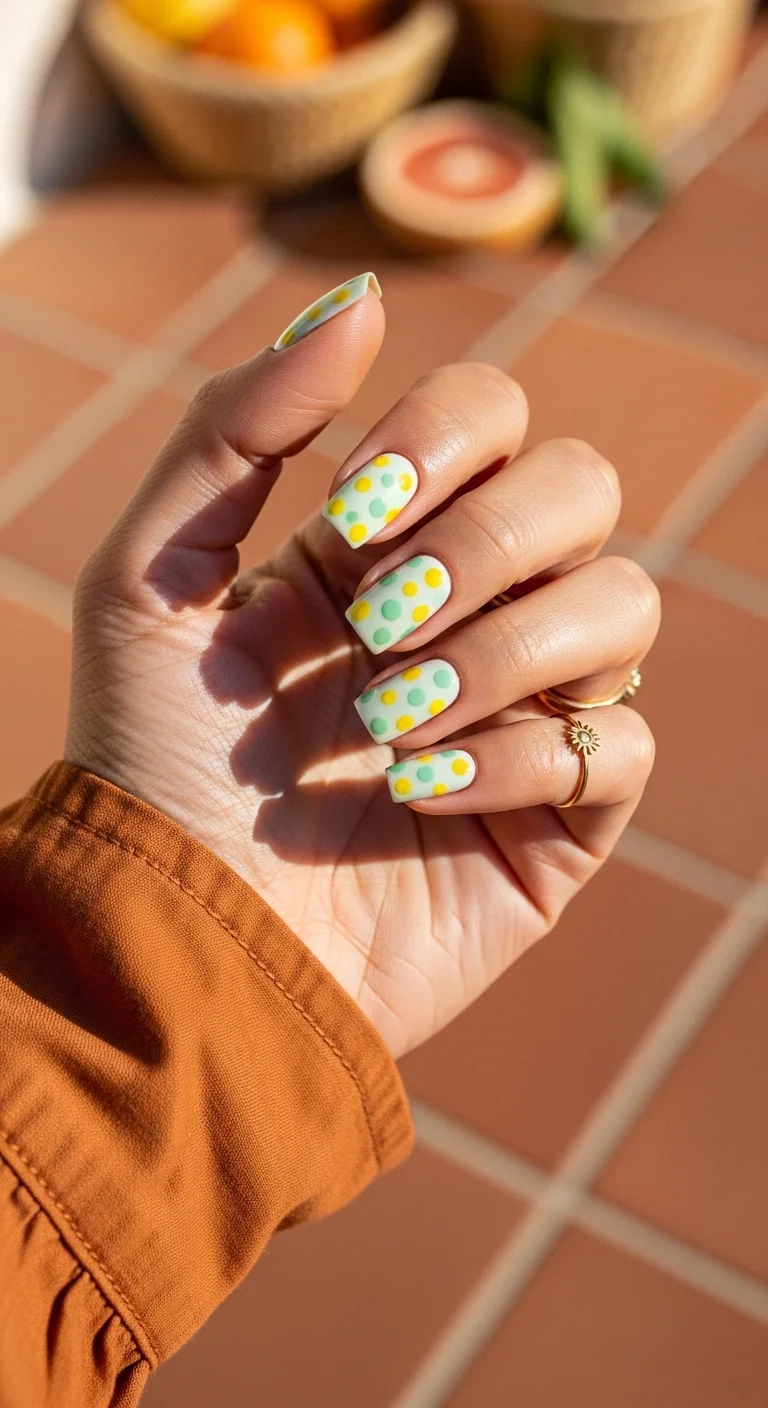 Short square nails with an off-white base and lime green and yellow dots.