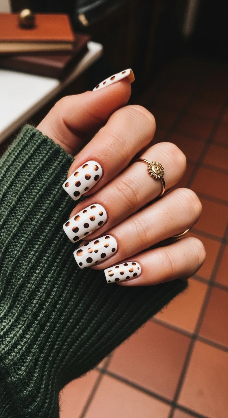 Long square nails with a white base and metallic bronze polka dots.