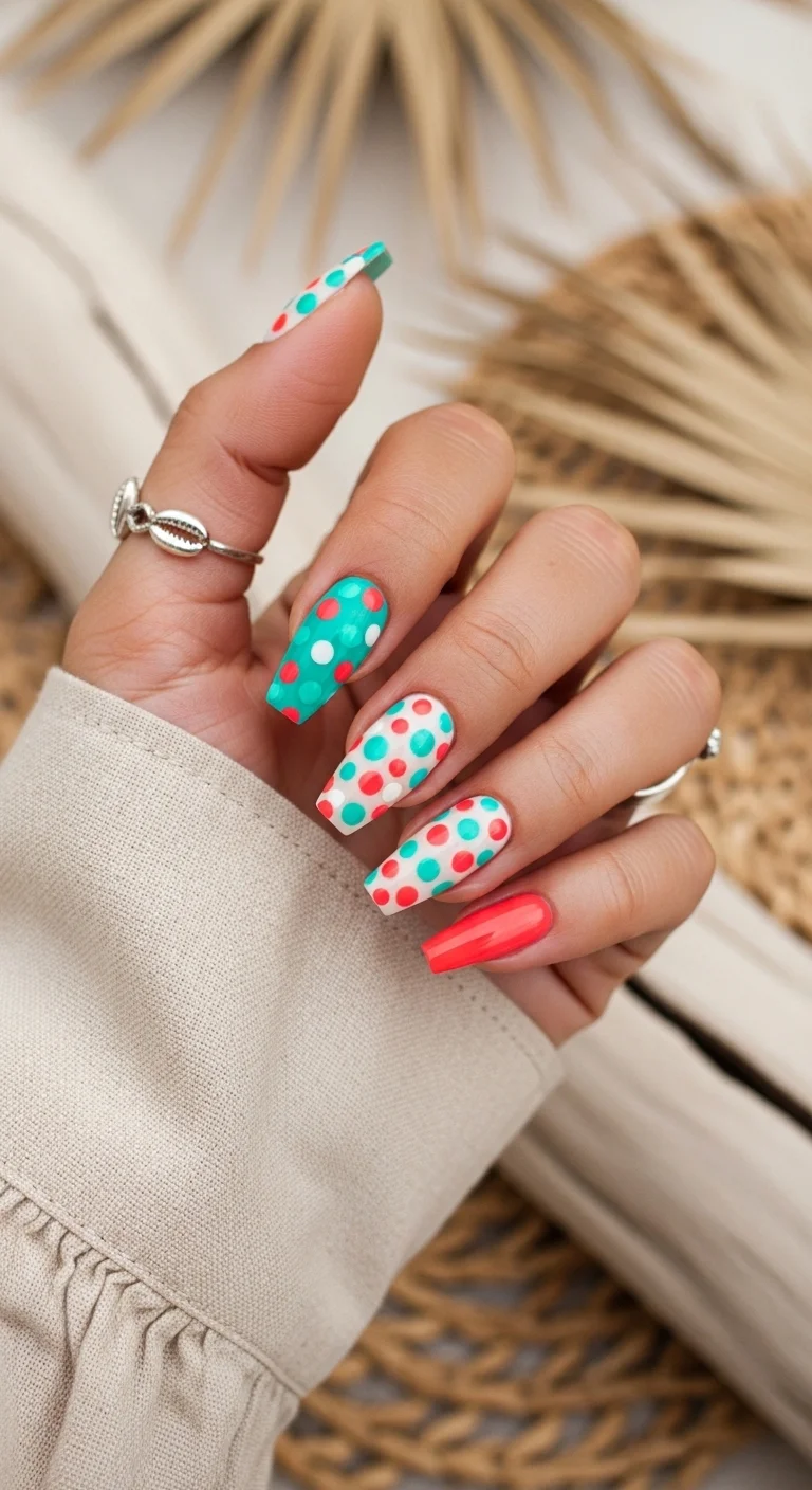 Long square nails in teal, coral, and white with multi-colored dots.
