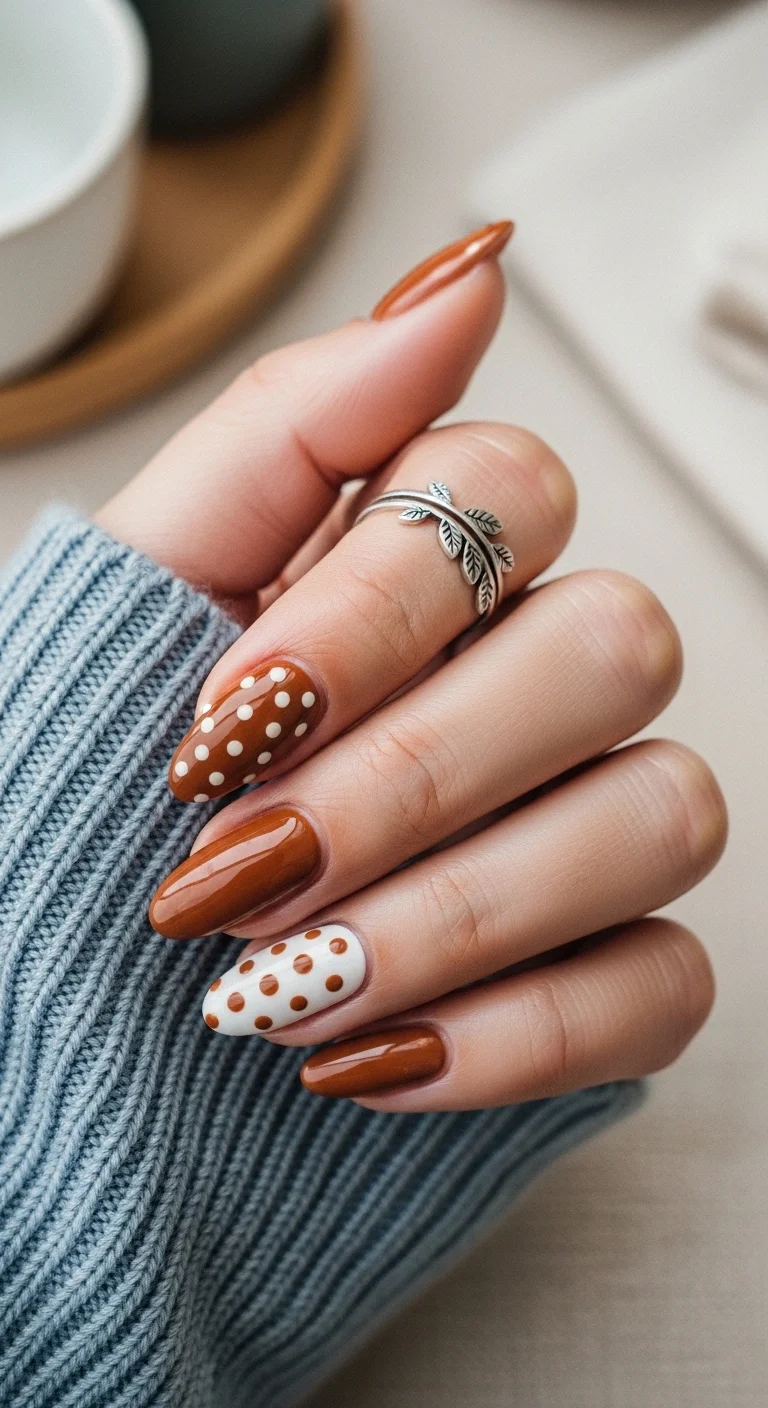 Almond nails in warm toffee brown and white with brown polka dots.