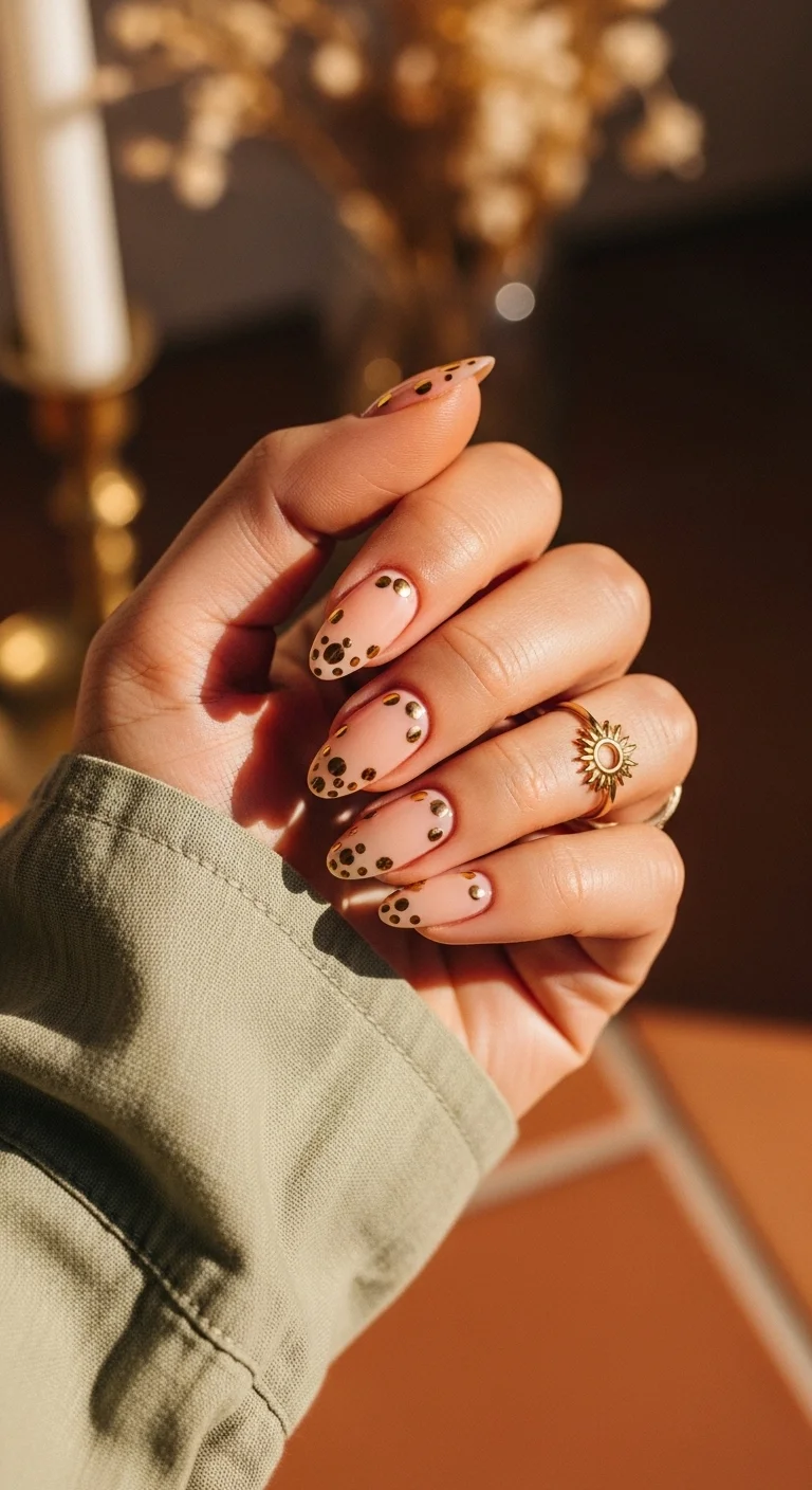Almond nails in a sheer nude with metallic gold sequin dots.