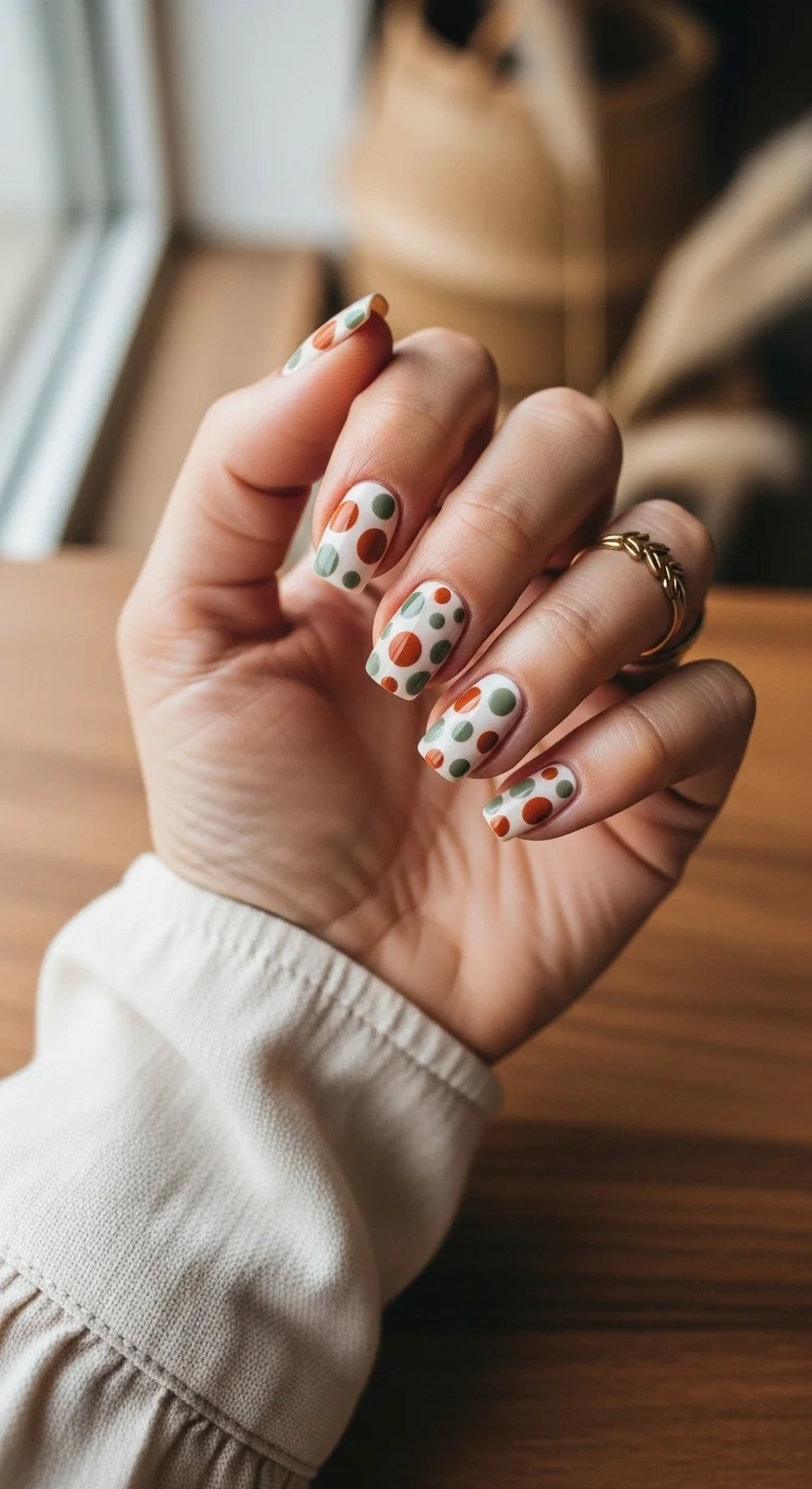 Short square nails with white base and multi-colored earthy dots.