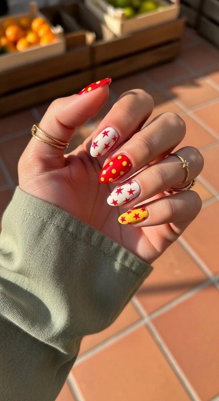 Almond nails with red, yellow, and white base, featuring stars and dots.