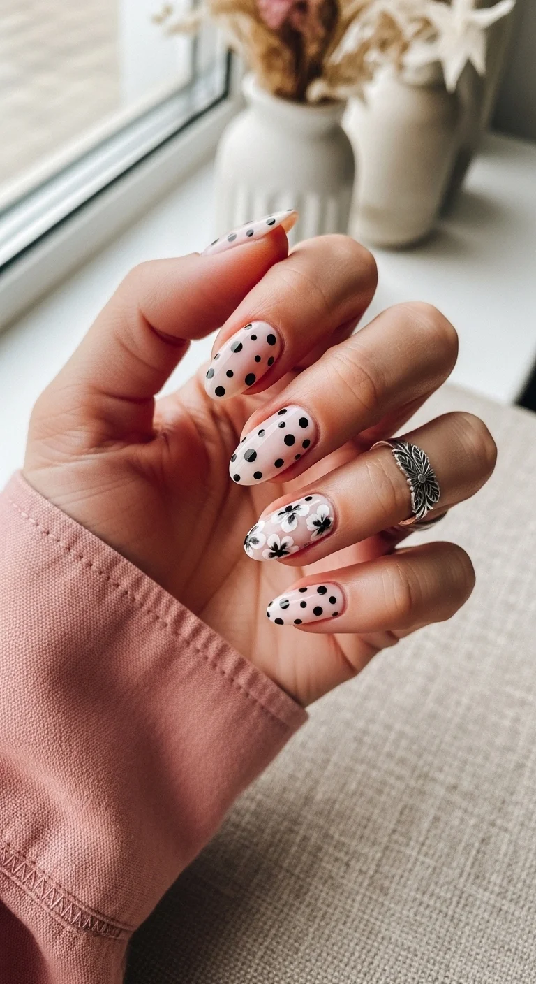 Almond nails with a milky white base, black polka dots, and black and white floral art.