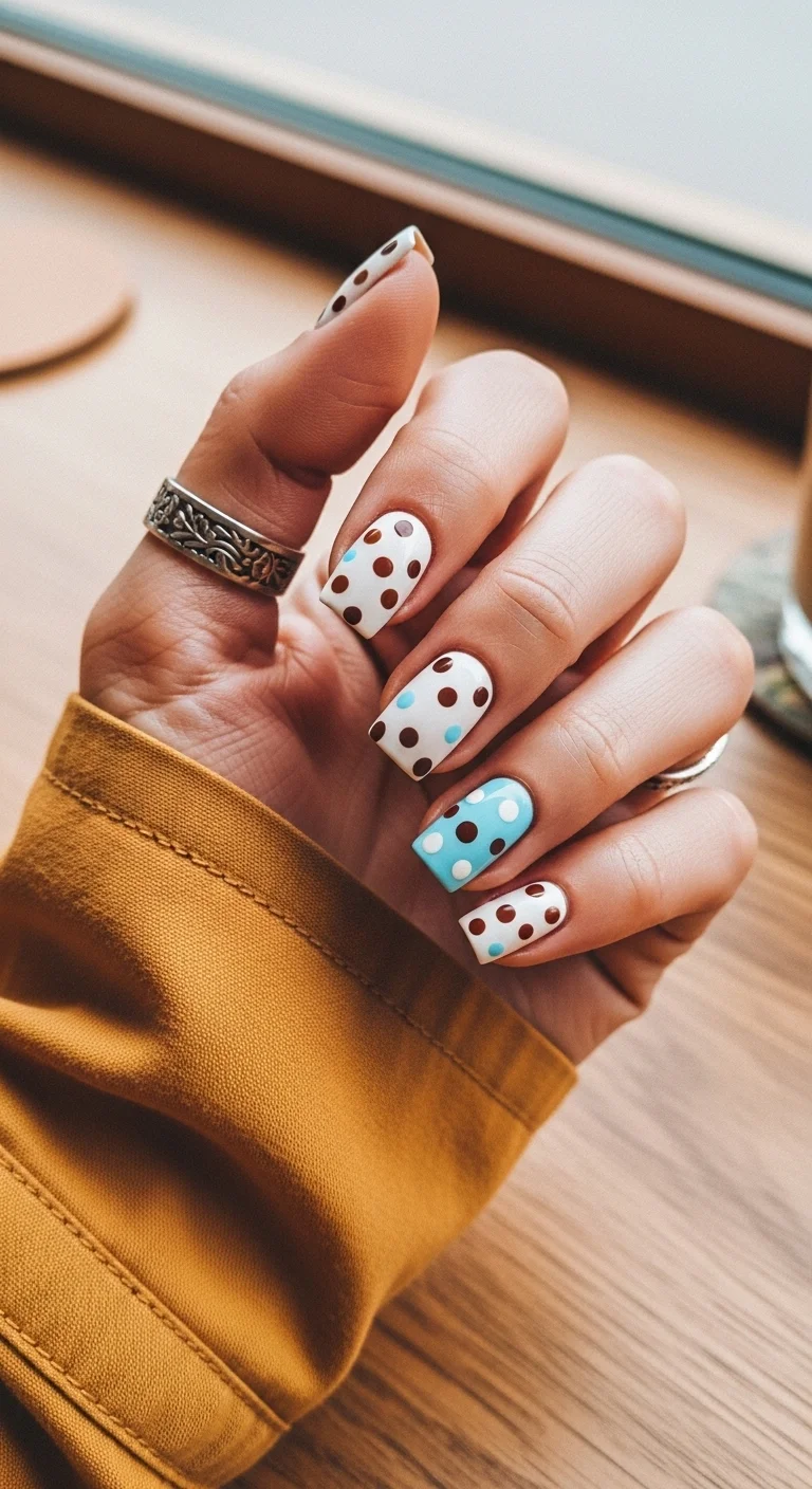 Short square nails with white and sky blue base and brown and blue dots.