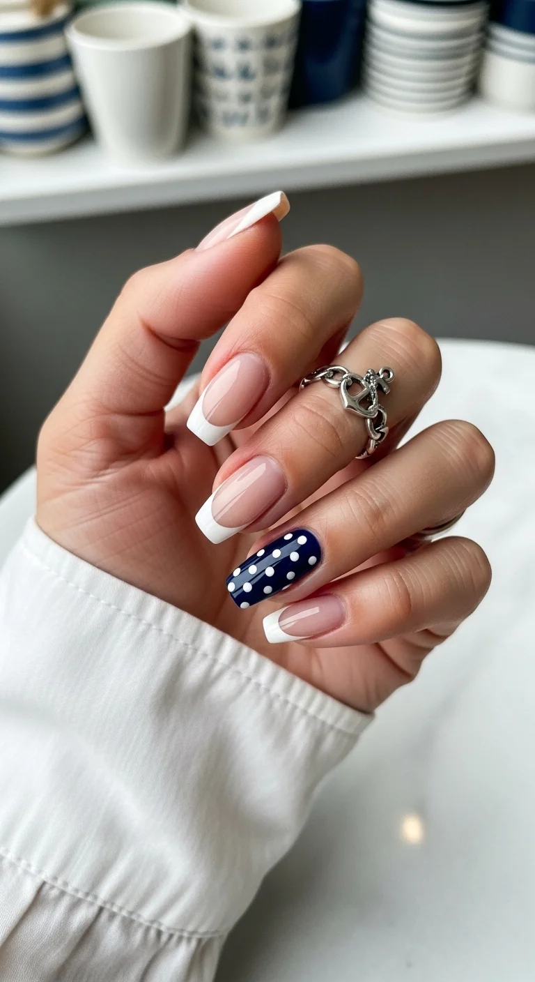 Long coffin nails with white French tips and a navy blue accent nail with white dots.