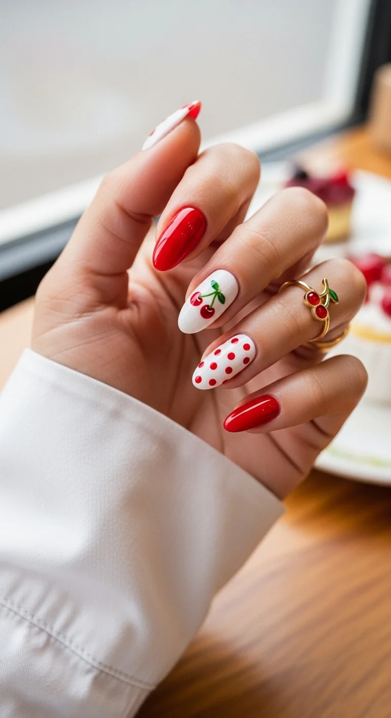 Almond nails with red and white base, cherry art, and red polka dots.