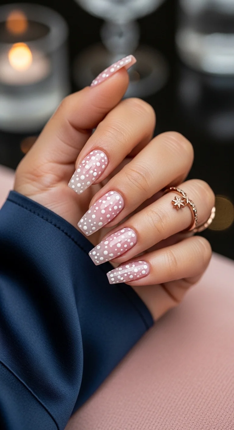 Long coffin nails with a sheer nude base and varying sizes of white polka dots.