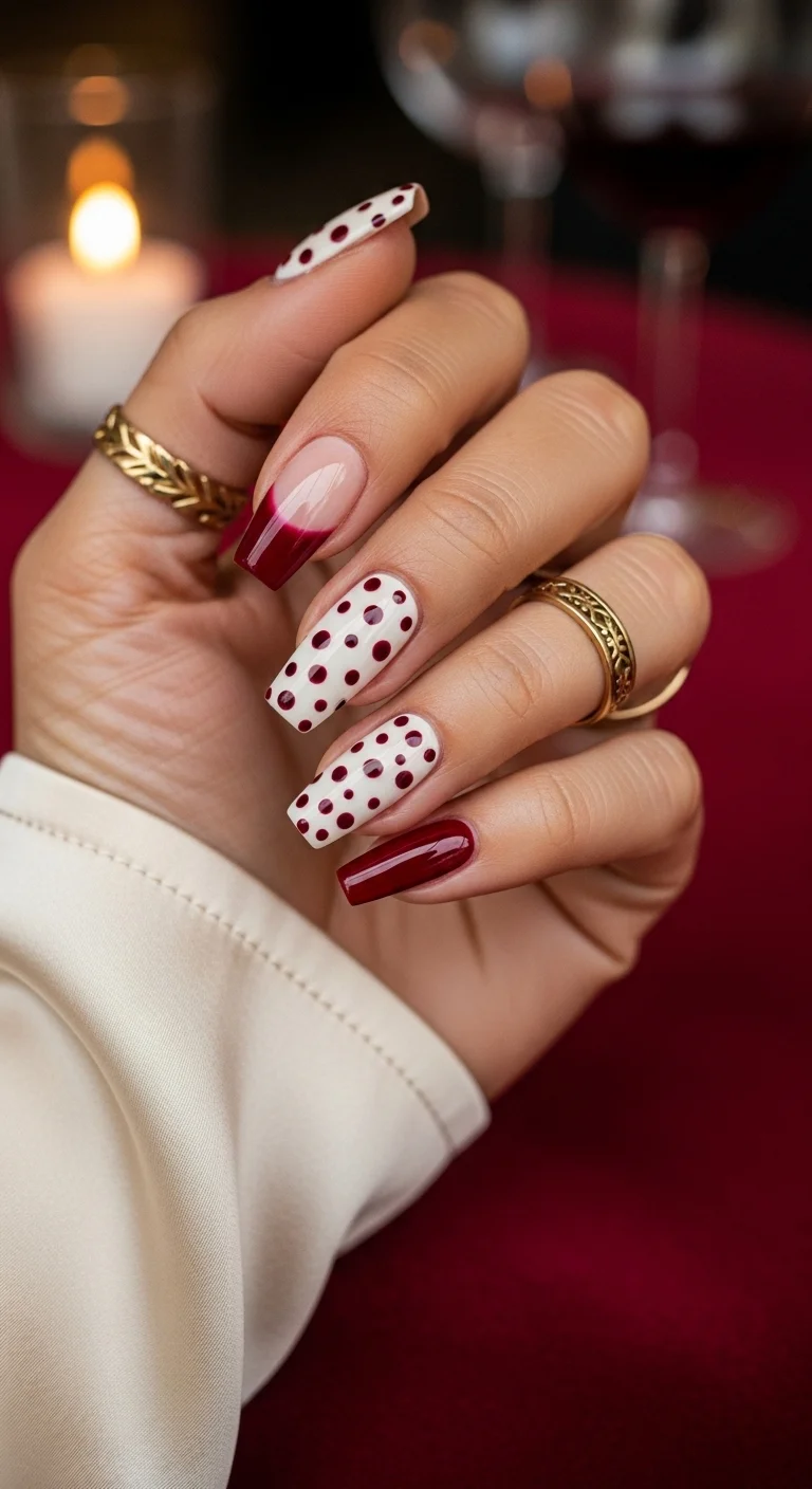 Long square nails with burgundy tips and white base with burgundy dots.