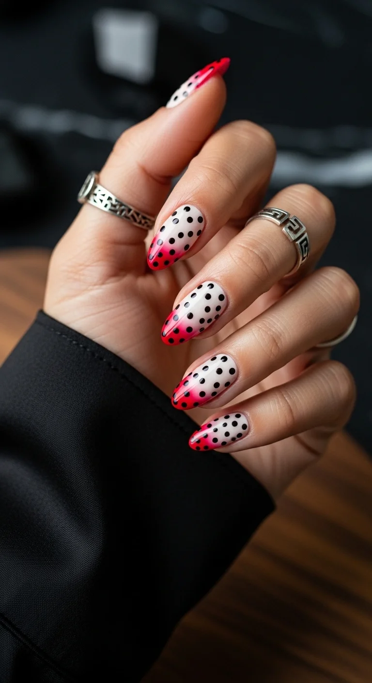 Almond nails with a white-to-red gradient and black polka dots.