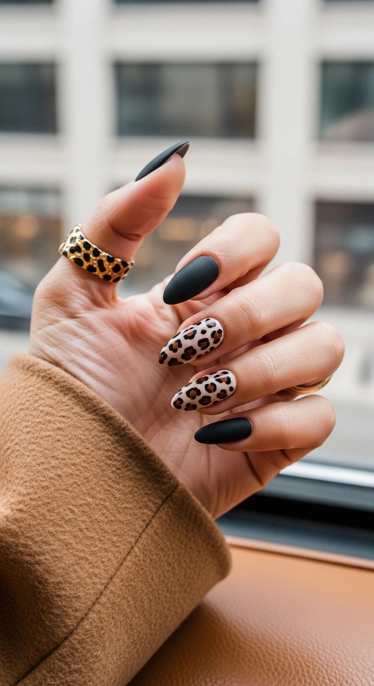 Matte black nails with leopard print accent nails.