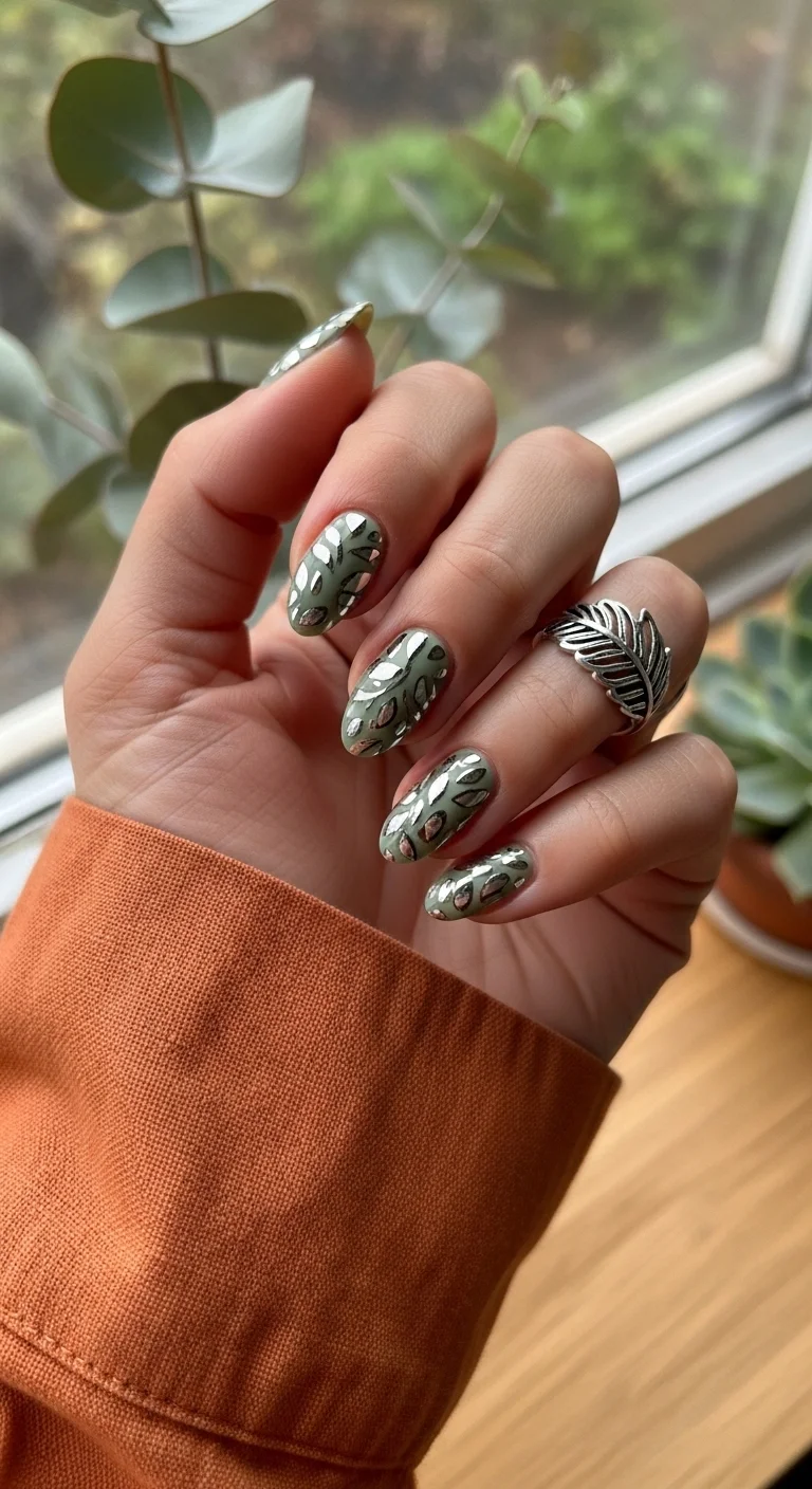 Sage green nails with silver leaf foil accents.
