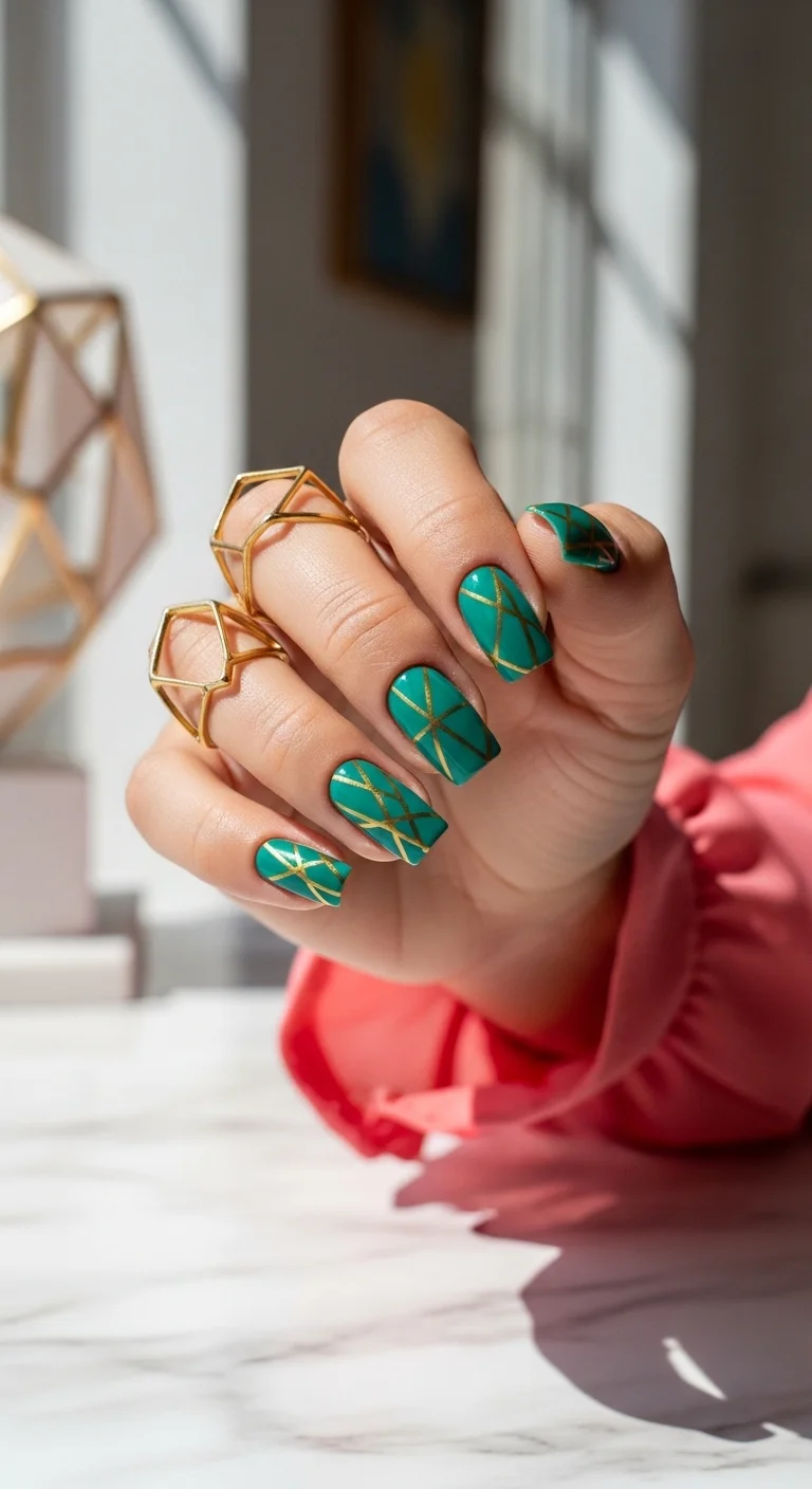 Teal nails with gold geometric grid lines.