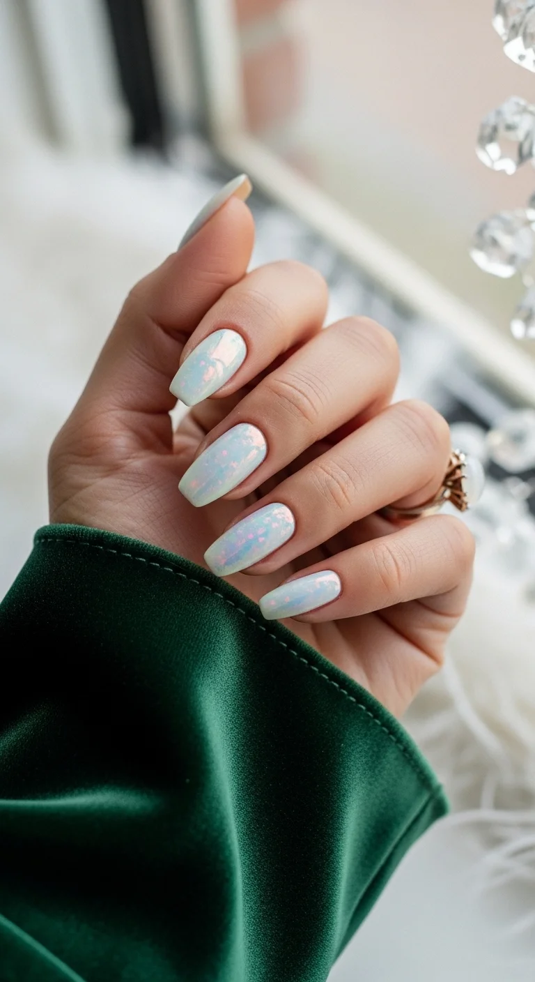 Milky white nails with iridescent opal flakes.