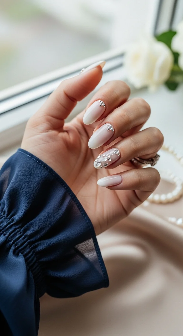 Nude to white ombre nails with crystals at the cuticle.
