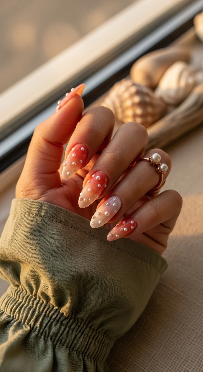 Peach ombre nails with 3D pearl charms.