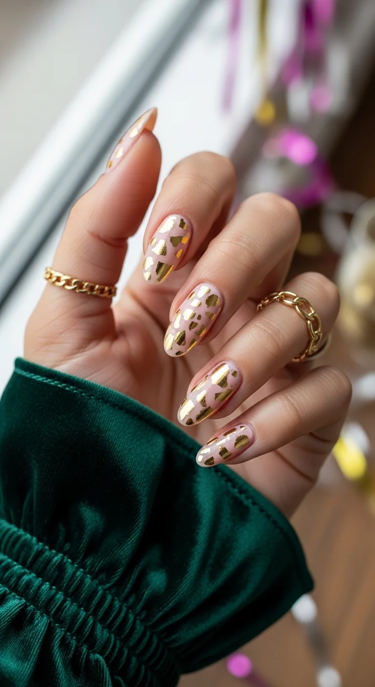 Sheer nude nails with irregular gold foil flakes.