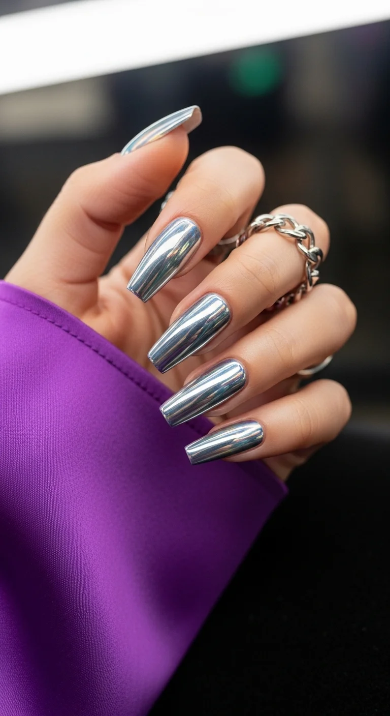 Extra long coffin nails with a perfect silver chrome mirror finish.