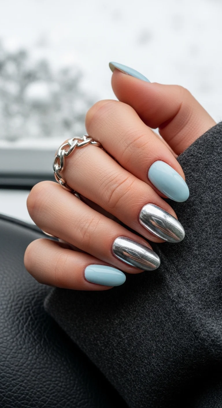 Light blue nails with silver chrome accent nails.