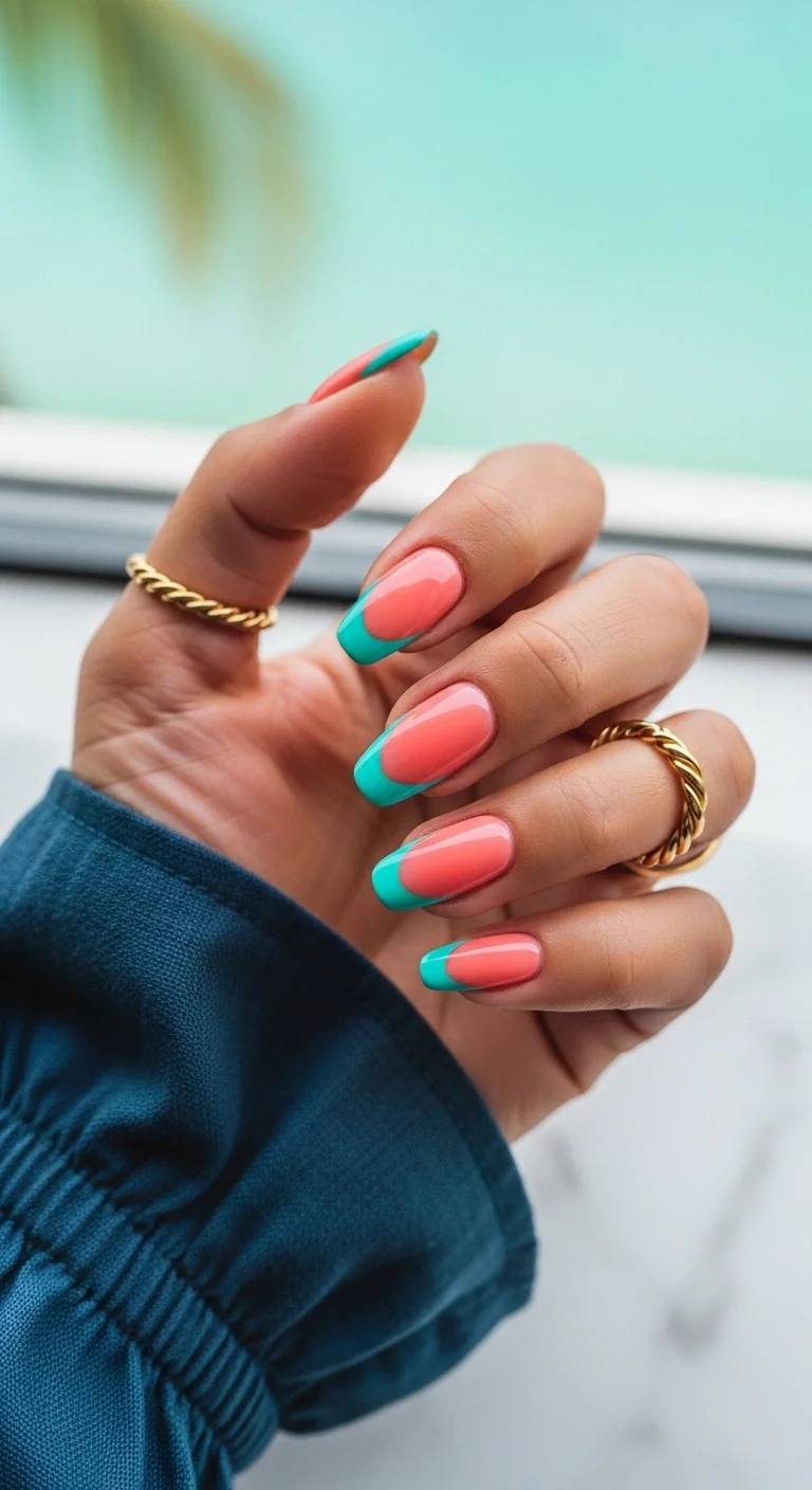 Coral peach nails with bright teal French tips.