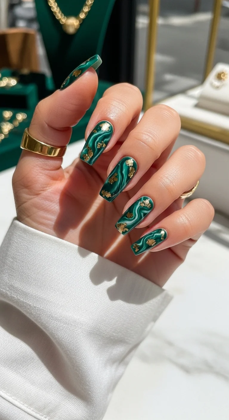 Green marble nails with gold leaf accents.