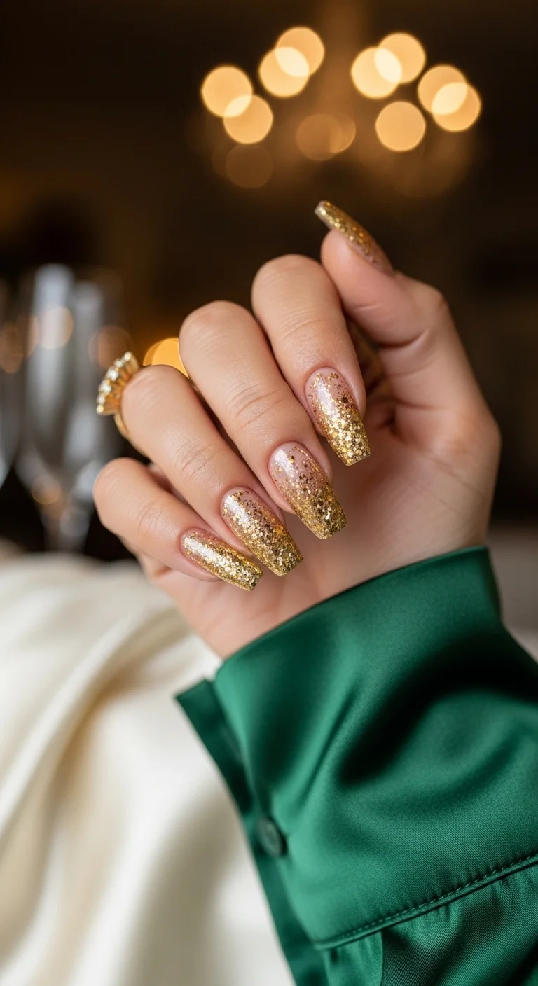 Nails with a heavy gold glitter ombre.