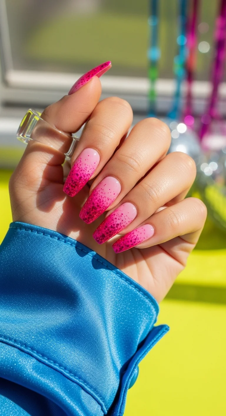 Pink to magenta glitter gradient nails.