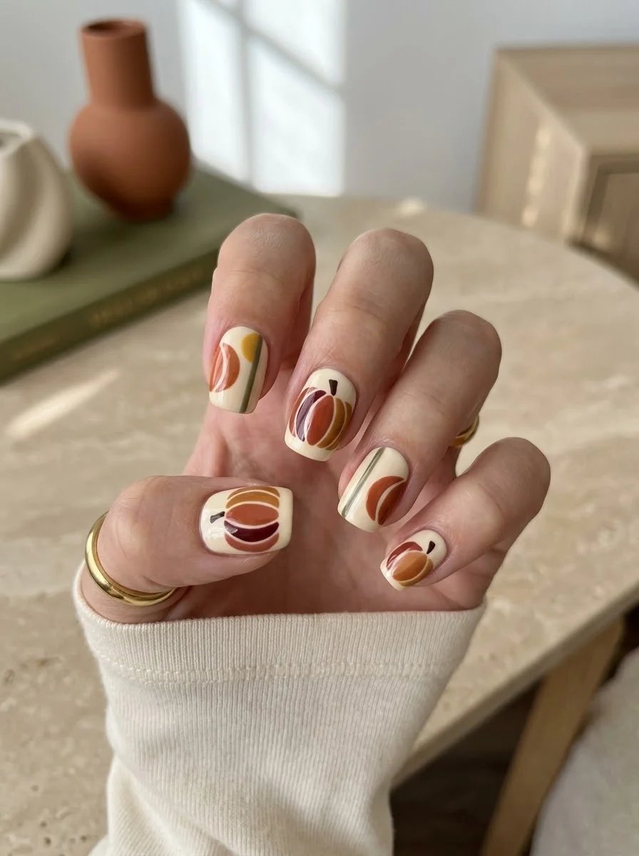 Little Pumpkin Sketches - Cream nails with abstract pumpkins and striped accent nails