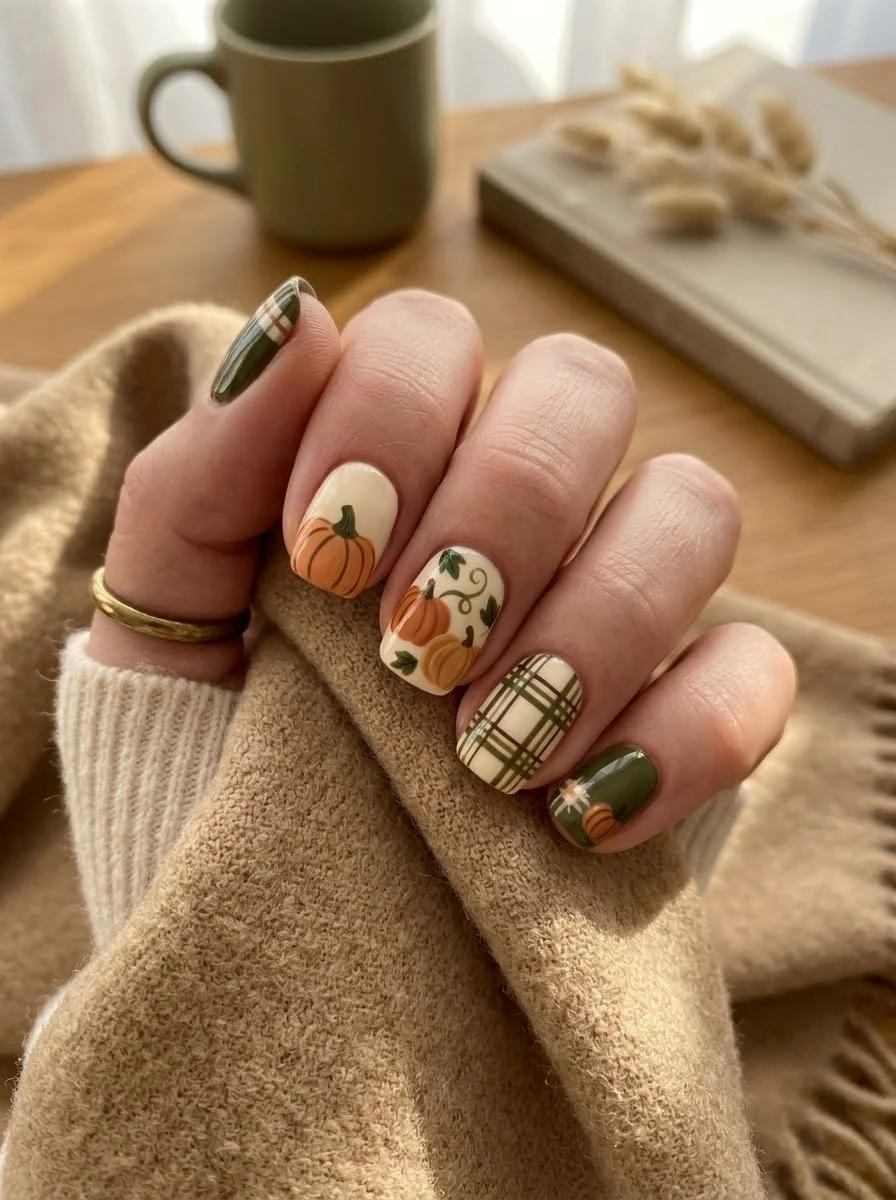 Pumpkin Patch in Plaid - Plaid and pumpkin nail art on cream nails