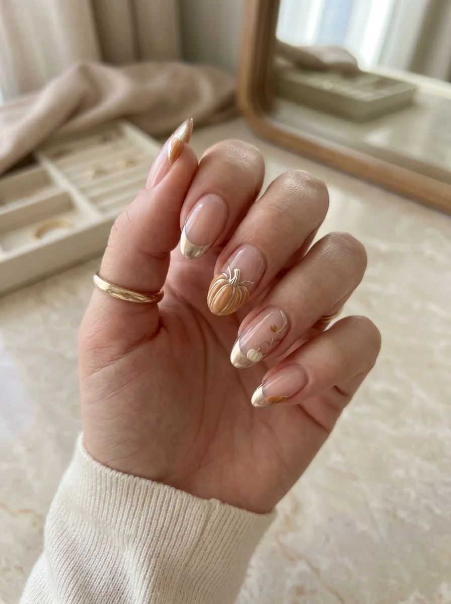 Golden Hour Pumpkins - Nude French tip nails with gold accent pumpkin detail