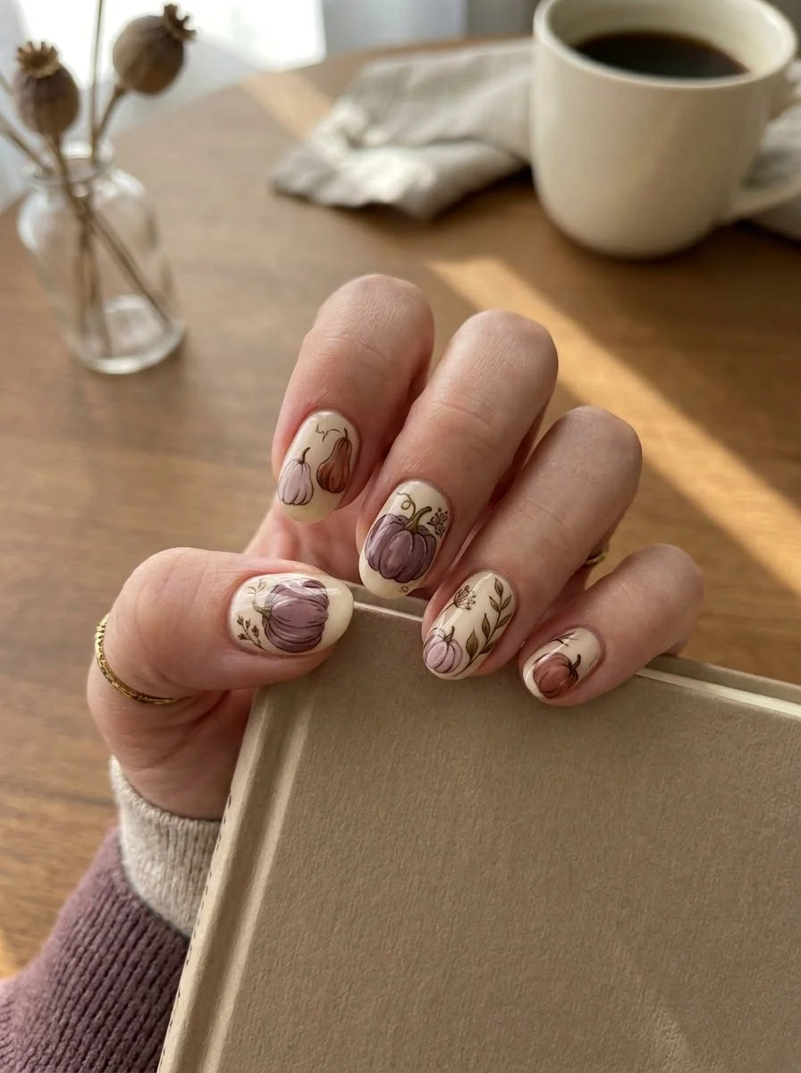 A Moody Little Pumpkin Garden - Dusty purple and plum pumpkin nail art