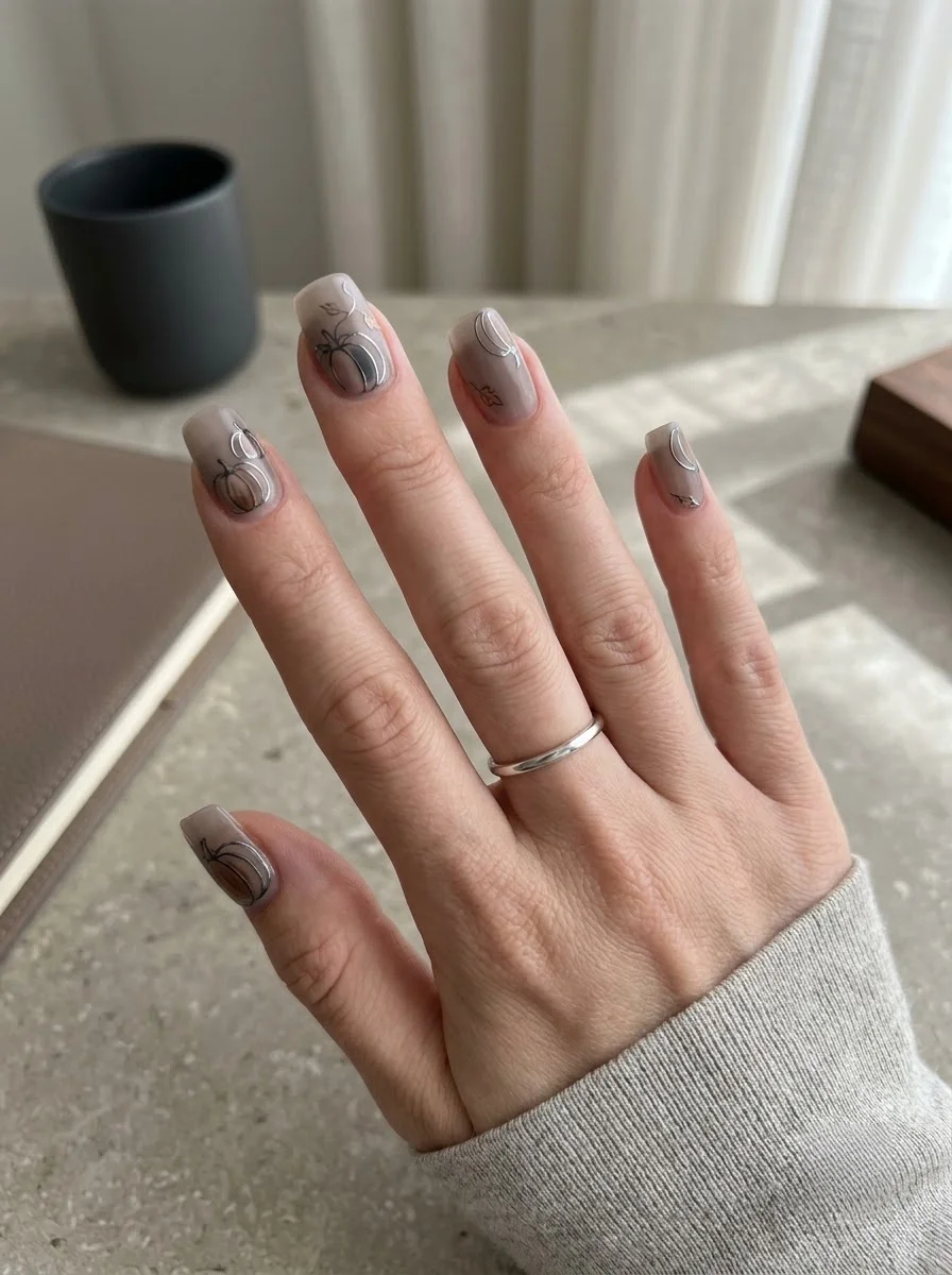 Barely-There Pumpkin Sketches - Abstract fine-line pumpkin nail art on greige nude base