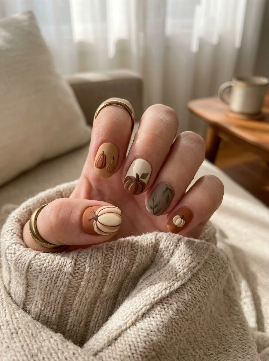 Pumpkin Spice, but Make It Minimal - Matte pumpkin nail art in warm neutral tones