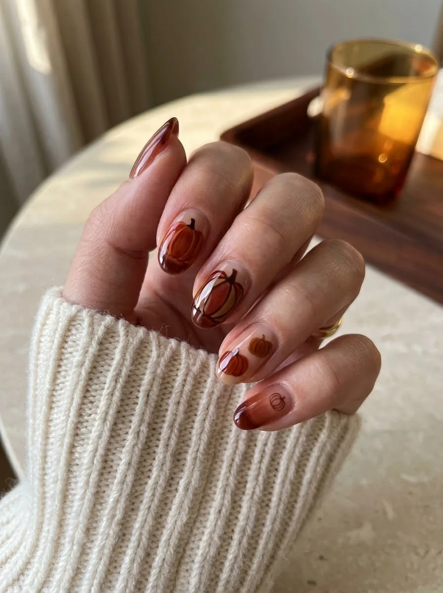 Caramel-Glazed Pumpkins - Translucent glossy caramel amber pumpkin nail art