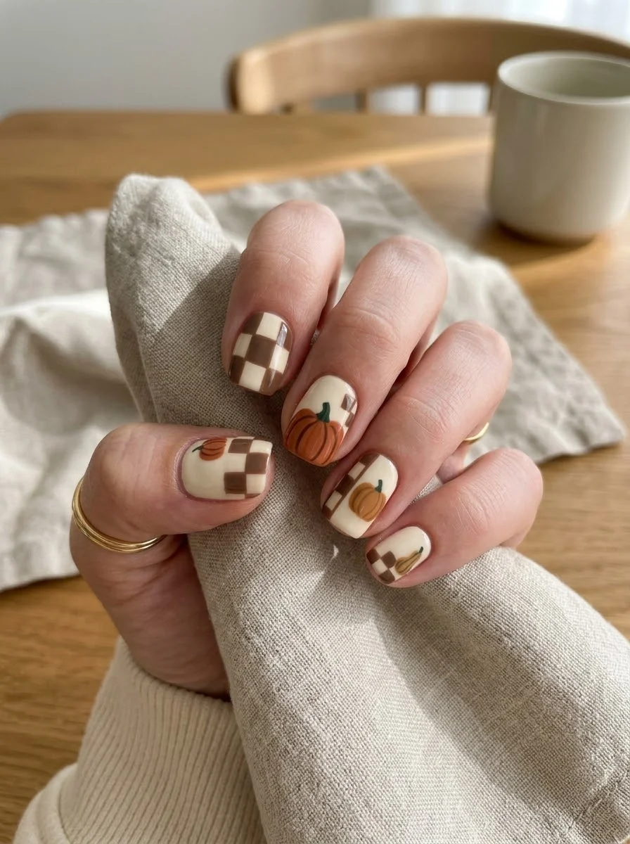 Checkerboard Pumpkin Picnic - Cream nails with brown checkered accent nails and pumpkin accents
